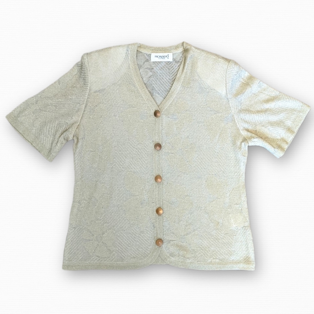 Vintage Short Sleeve Gold Acrylic Floral Knit Metallic Button Down Blouse Top